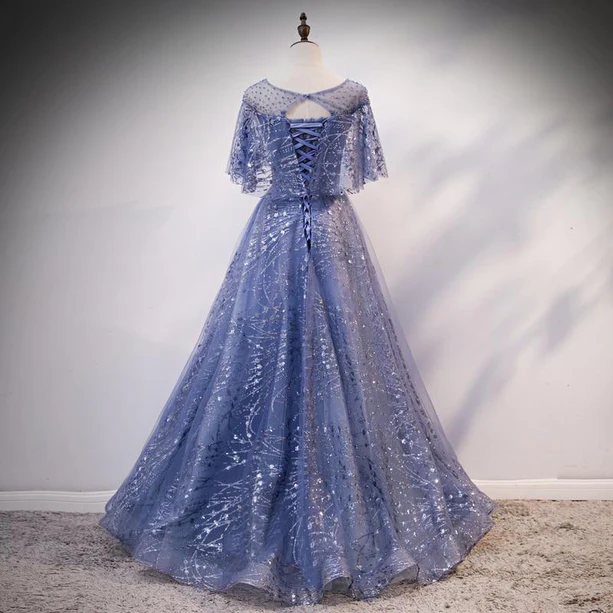 Glam A Line Jewel Purple Tulle Beading Long Prom Dress,Evening Dress GG369