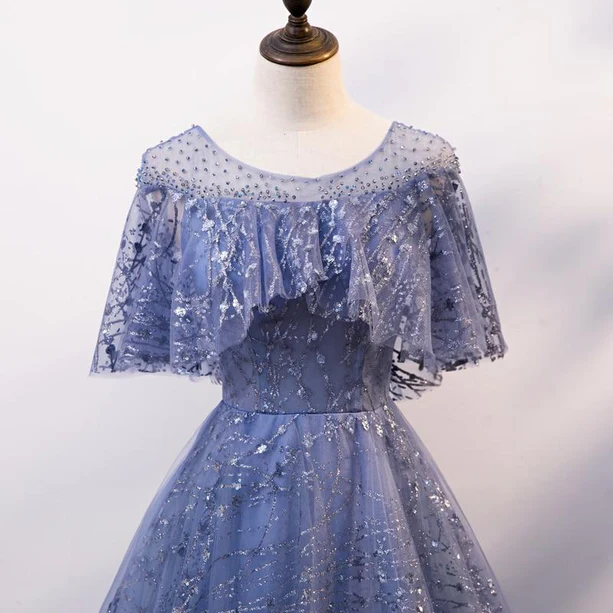 Glam A Line Jewel Purple Tulle Beading Long Prom Dress,Evening Dress GG369