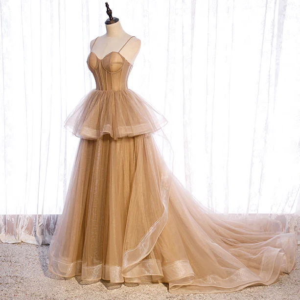 New Elegant A Line Sweetheart Neck Flouncing Tulle Long Prom Dresses,Tulle Long Formal Graduation Dresses GG370
