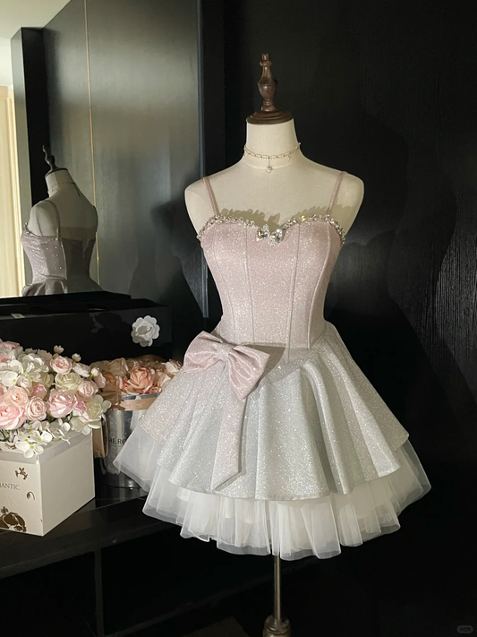 Shiny 17th A Line Spaghetti Straps Satin Sequin Beads Short Homecoming Dress,Summer Birthday Dress GG3722