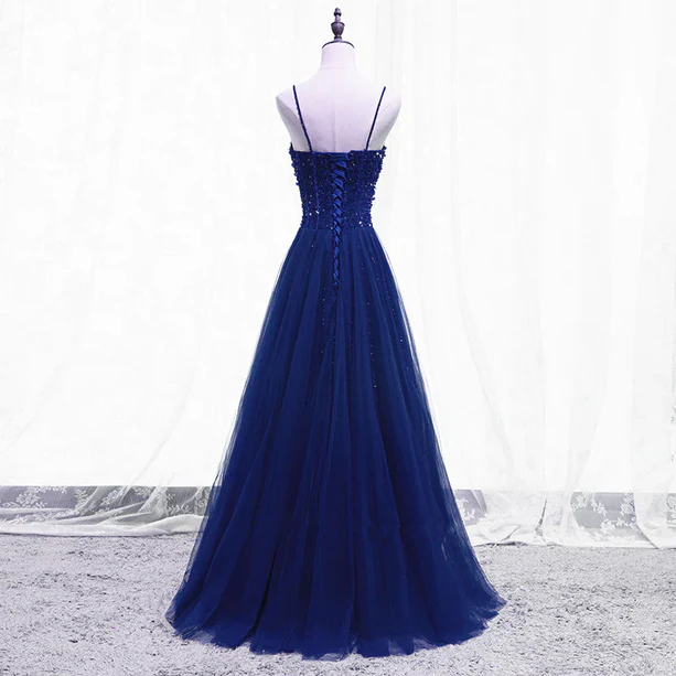 Glam A Line Beaded Spaghetti Straps Sequin Tulle Long Prom Dress,Evening Dress GG372