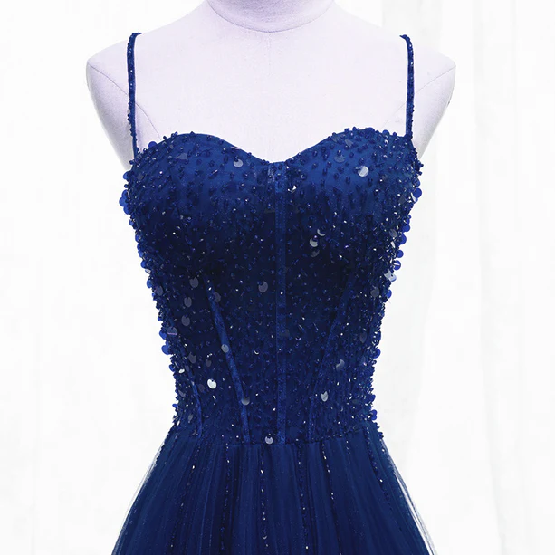 Glam A Line Beaded Spaghetti Straps Sequin Tulle Long Prom Dress,Evening Dress GG372