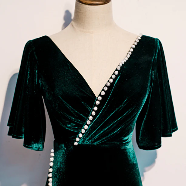 Glam Mermaid V Neckline  Dark Green Velvet  Beaded Slit Long Prom Dress,Evening Dress GG373