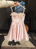 Sweet 16th Pink A Line Sapghetti Straps Satin Applique Short Homecoming Dress,Summer Birthday Dress GG3743