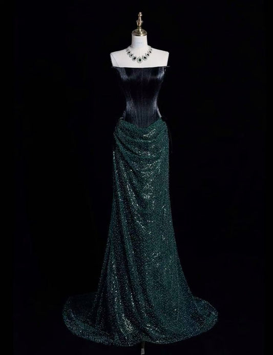 Stunning Mermaid Strapless Satin Sequin Pleated Long Prom Dress,Party Dress,Evening Dress GG3781
