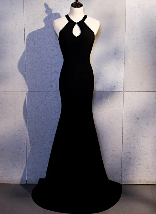 Sexy Black Mermaid Halter Satin Long Prom Dress,Evening Dress GG379