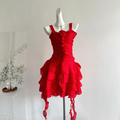 Red A Line Spaghetti Straps Satin Flower Ruffles Short Homecoming Dress,Summer 19th Birthday Dress GG3810