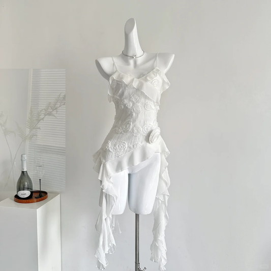 Sweet A Line Spaghetti Straps White Satin Chiffon Flower Ruffles Short Homecoming Dress,Summer 18th Birthday Dress GG3811
