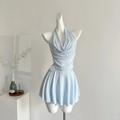 Pale Blue A Line Halter Satin Flower Short Homecoming Dress,Summer 18th Birthday Dress GG3815