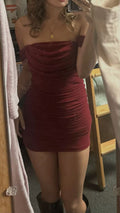 Burgundy Mermaid Off The Shoulder Satin Pleated Short Homecoming Dress,Summer 19th Birthday Dress GG3819