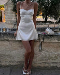Charming A Line Spaghetti Straps White Satin Laec Short Homecoming Dress,Summer 20th Birthday Dress GG3827