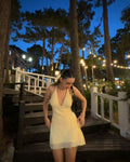Pastel Yellow A Line Halter V Neck Chiffon Short Homecoming Dress,Summer 20th Birthday Dress GG3830