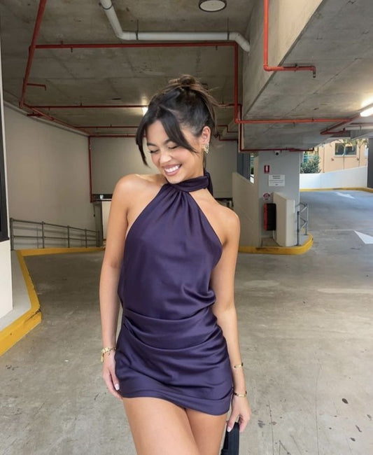 Purple Mermaid Halter Satin Pleated Short Homecoming Dress,Summer 18th Birthday Dress GG3834
