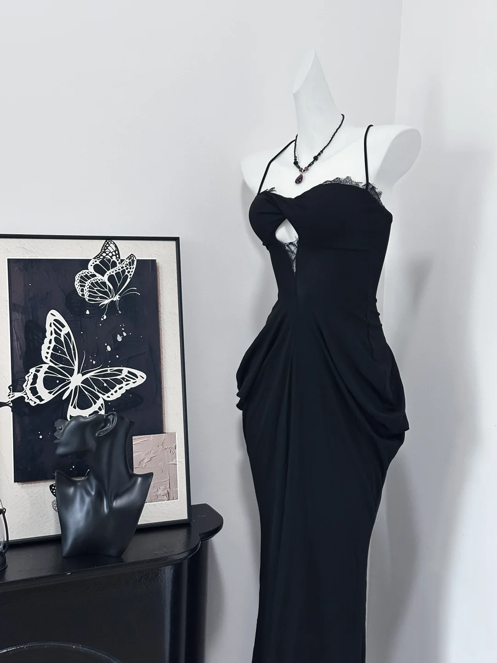 Sexy Mermaid Spaghetti Straps Black Satin Lace Long Prom Dress,Party Dress,Evening Dress GG3866