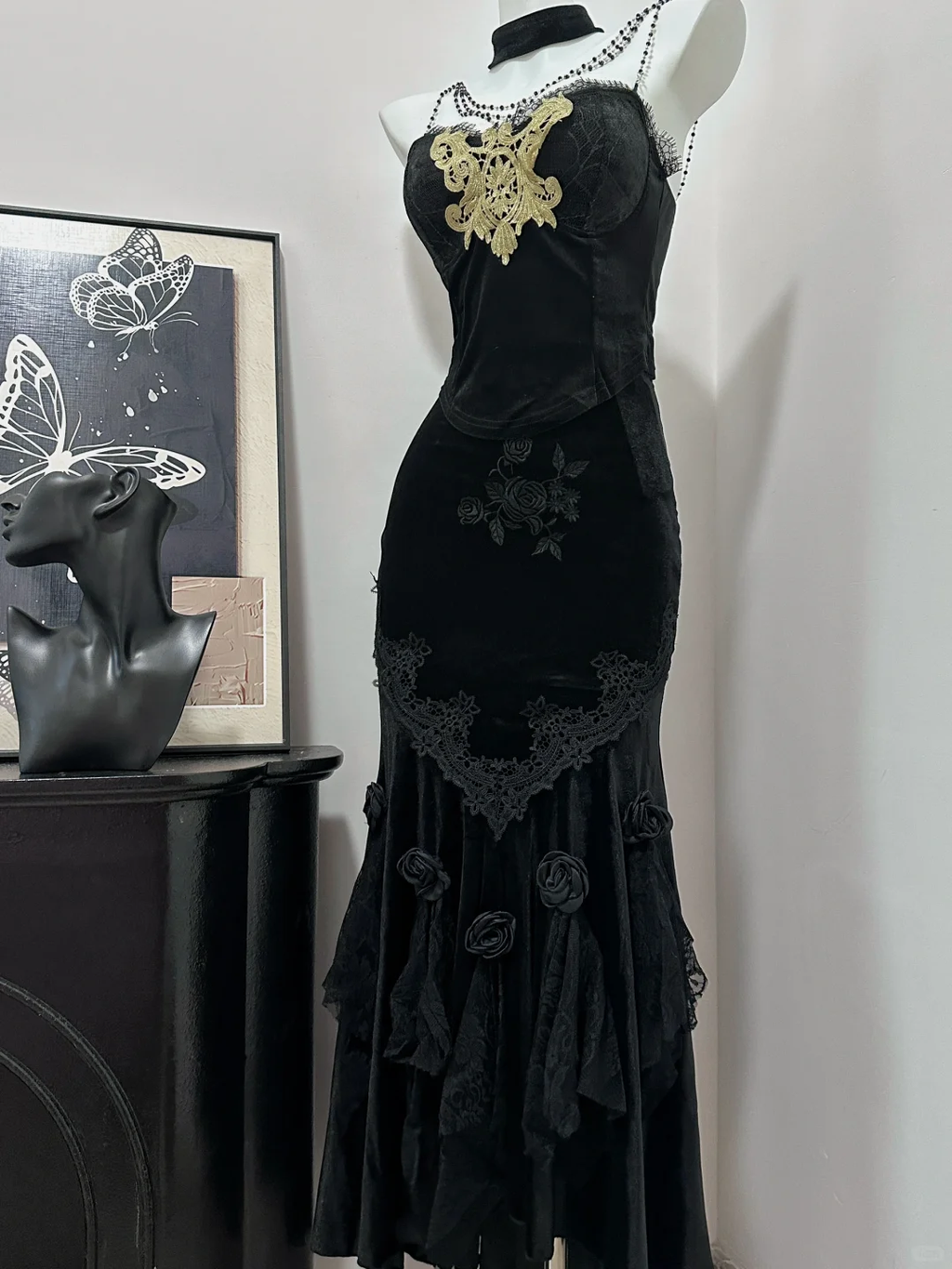 Gorgeous Mermaid Spaghetti Straps Black Satin Applique Beads Long Prom Dress,Party Dress,Evening Dress GG3867