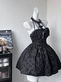 Princess Ball Gown Halter Black Satin Short Homecoming Dress,Summer 18th Birthday Dress GG3871