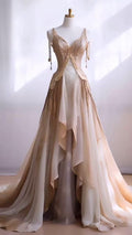 New Elegant A Line Champagne V Neck Chiffon Sweep Long Prom Dress,Evening Dress GG393