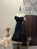 Vintage Mermaid Spaghetti Straps Black Satin Pleated Short Homecoming Dress,Summer 18th Birthday Dress GG3941
