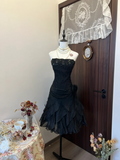 Classy A Line Strapless Black Satin Lace Sequin Short Homecoming Dress,Summer 18th Birthday Dress GG3942
