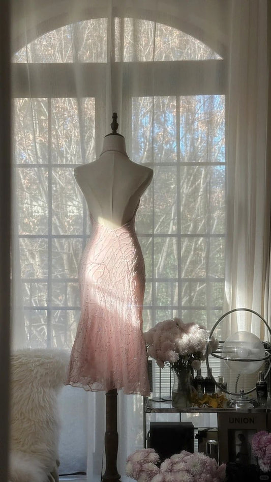 Stunning Mermaid Halter Pink Satin Tulle Sequin Backless Short Homecoming Dress,Summer 18th Birthday Dress GG3956