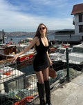 Low Collar Mermaid Black Satin Short Homecoming Dress,Summer 20th Birthday Dress GG3992