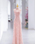 Elegant A Line Pink Halter Sweetheart Sequin Tulle Long Prom Dresses,Evening Dresses GG400