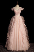 Chic A Line Off The Shoulder Pink Tulle Sequin Beading Long Prom Dress, Evening Dress GG405