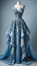 Vintage A Line Sweetheart Blue Chiffon Applique  Ripple Long Prom Dress, Evening Dress GG410