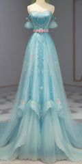 Exquisite A Line Off The Shoulder Blue Tulle Applique Long Prom Dress, Evening Dress GG411