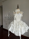 Pretty 18th Ball Gown Spaghetti Straps Satin Lace Flower Tiered Short Homecoming Dress,Summer Birthday Dress GG4124
