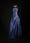 Navy A Line Strapless Satin Pleated Beads Long Prom Dress,Party Dress,Formal Evening Dress GG4136