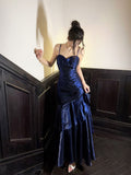 Classy Navy A Line Spaghetti Straps Satin Long Prom Dress,Party Dress,Formal Evening Dress GG4137
