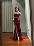 Burgundy Mermaid Off The Shoulder Satin Pleated Slit Long Prom Dress,Party Dress,Formal Evening Dress GG4218