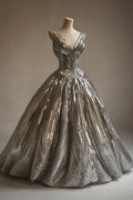 Glitter Ball Gown V Neck Silver Satin Long Prom Dress, Evening Dress GG425