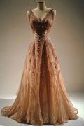 Exquisite A Line V Neck Sequin Applique Tulle Long Prom Dress, Evening Dress GG426