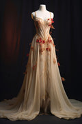 Gorgeous A Line Spaghetti Straps Sweetheart Flower Tulle Long Prom Dress, Evening Dress GG428