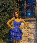 Chic A Line Spaghetti Straps Printed Satin Tiered Short Homecoming Dress,Summer 18th Birthday Dress GG4368