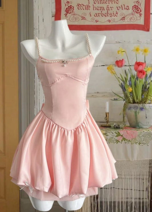 Pretty A Line Beads Spaghetti Straps Pink Satin Short Homecoming Dress,Summer 17th Birthday Dress GG4383