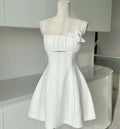 Chic A Line Spaghetti Straps White Satin With Flower Short Homecoming Dress,Summer 17th Birthday Dress GG4387