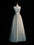 Elegant A Line Square Satin Applique Tulle Long Prom Dress, Evening Dress GG441
