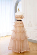 Gorgeous  A Line Strapless Beaded Layered Tulle Long Prom Dress, Evening Dress GG446