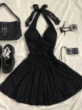 Classy Black A Line Halter Neck Lace Short Homecoming Dress,Summer 17th Birthday Dress GG4486