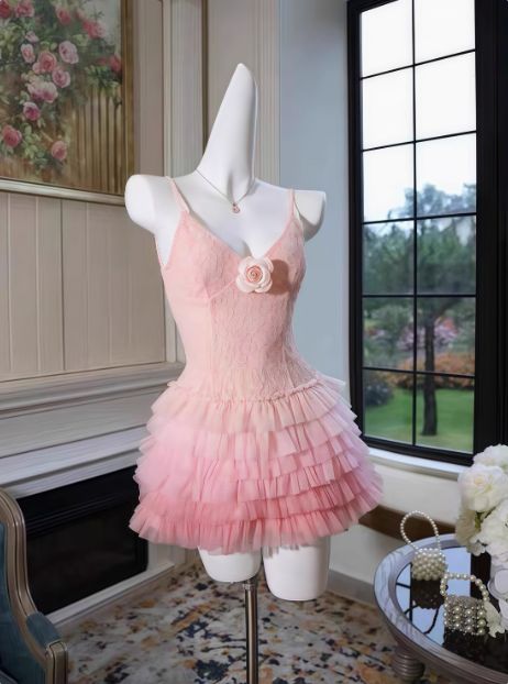 Sweet Pink A Line Spaghetti Straps Lace Tulle Tiered Short Homecoming Dress,Summer 17th Birthday Dress GG4496