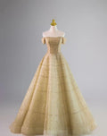 Gorgeous  A Line Off The Shoulder  Beaded Golden Tulle Long Prom Dress, Evening Dress GG451