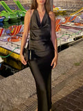 Elegant Mermaid Halter Black Satin Long Prom Dress,Party Dress,Formal Evening Dress GG4556