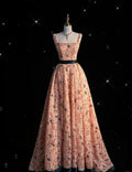 Gorgeous A Line Square Peach Lace Printed Pattern Long Prom Dress, Evening Dress GG456