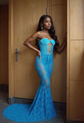Sexy Charming Mermaid Strapless Satin Lace Hollow Long Prom Dress,Party Dress,Formal Evening Dress GG4560