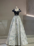 Gorgeous A Line Off The Shoulder Satin Printed Pattern Long Prom Dress, Evening Dress GG457