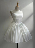 Pretty A Line Spaghetti Straps White Satin Back With Bow Short Homecoming Dress,Summer 16th Birthday Dress GG4580