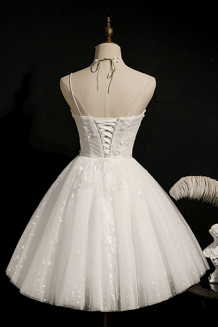 Lovely A Line Spaghetti Straps White Tulle Applique Beads Short Homecoming Dress,Summer 18th Birthday Dress GG4581